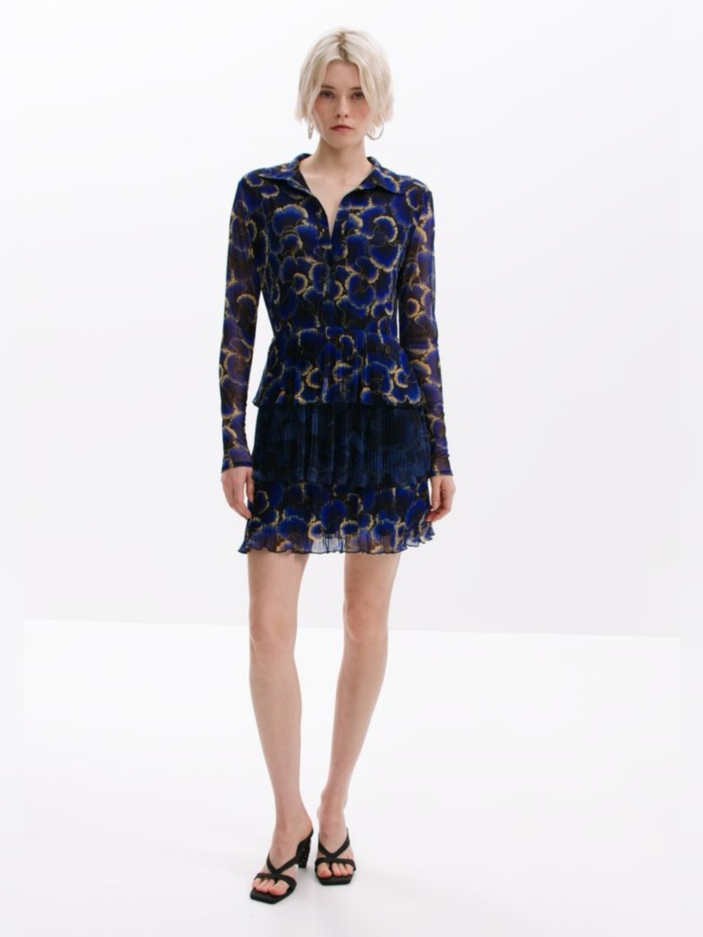M. Christian Lacroix Desigual Short Shirt Dress Ruffle Tiered Hem Floral Sheer